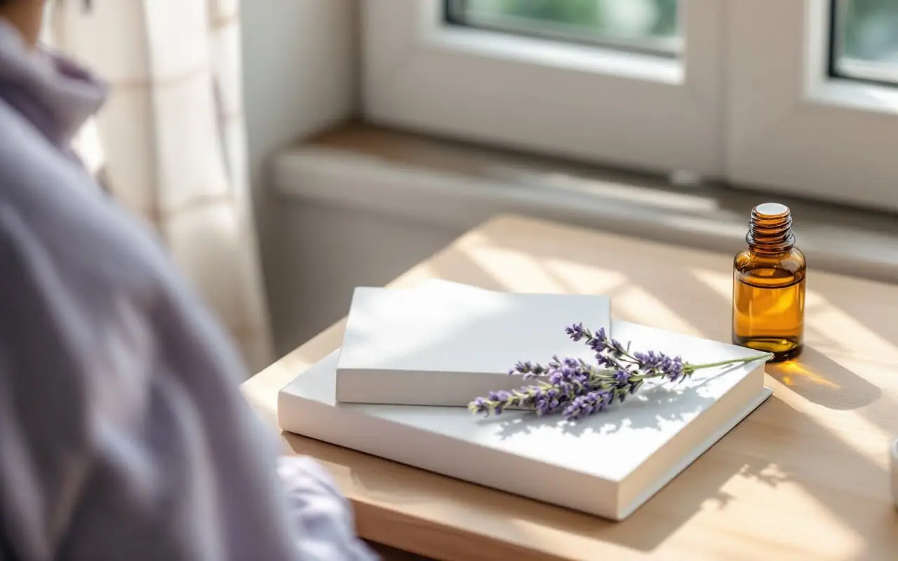 A closed book, a small amber bottle and a sprig of lavender on a wooden desk by a window