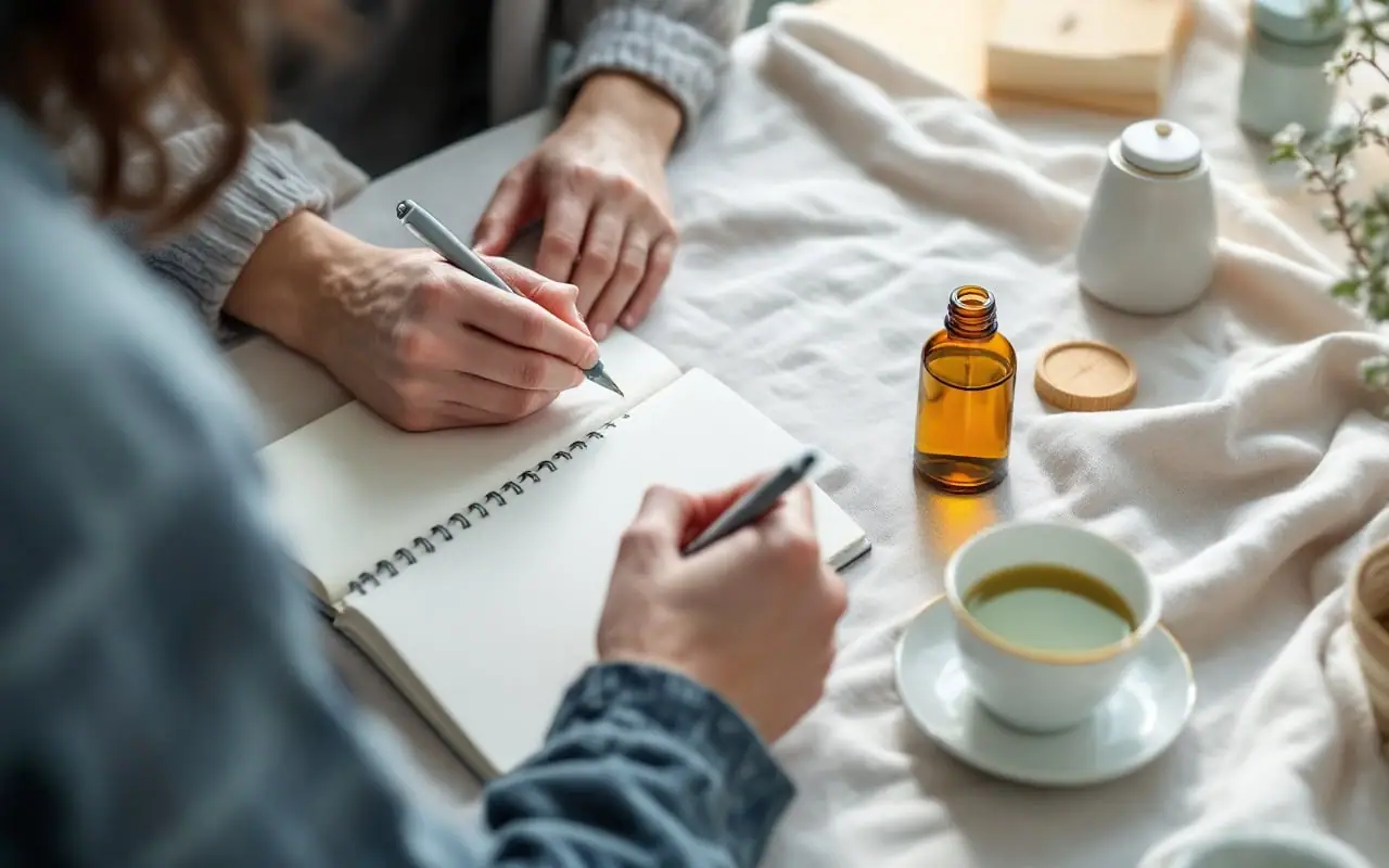 Hands writing in a notebook beside a small amber bottle and a cup of green tea
